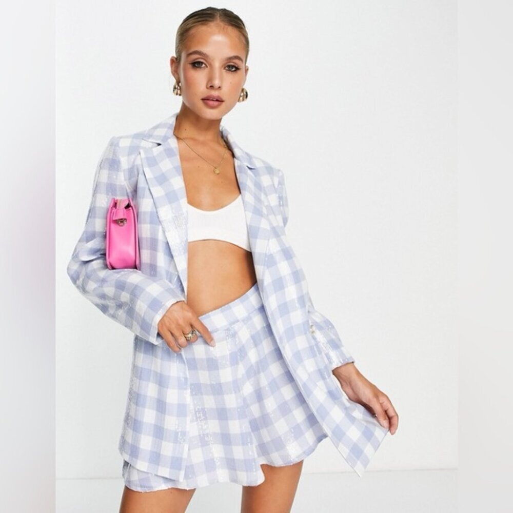 NWOT ASOS DESIGN SET SEQUIN DOULBE BREASTED Suit Blazer Blue Plaid & SHORTS Sz 2